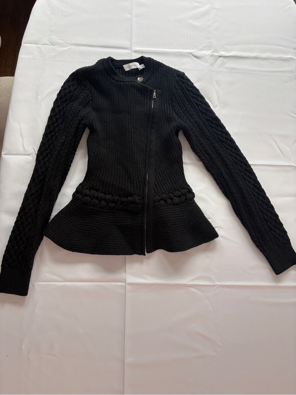 Jonathan Simkhai Black Cable-Knit Peplum Zip Cardigan